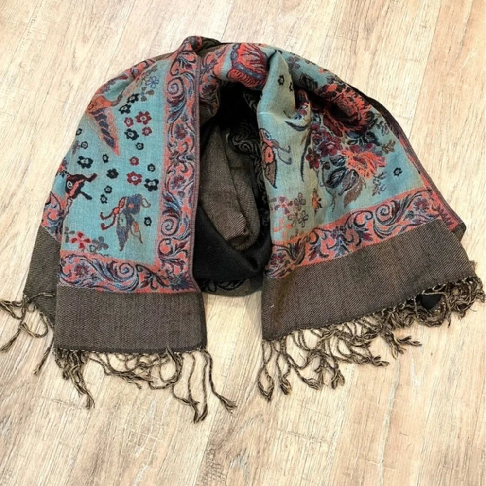 Pashmina, Red, Blue and Olive Colorblock Scarf Butterfly Pattern